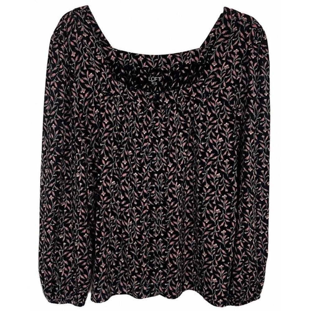 Loft Outlet Blouse Women’s M Black Pink Floral Square Neck Puff Sleeve Romantic